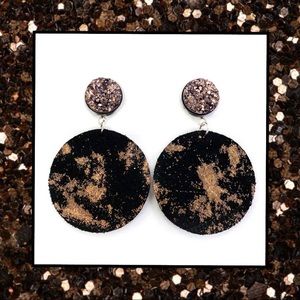 Druzy Stud & Rose Gold Splashed Black Lthr Earring